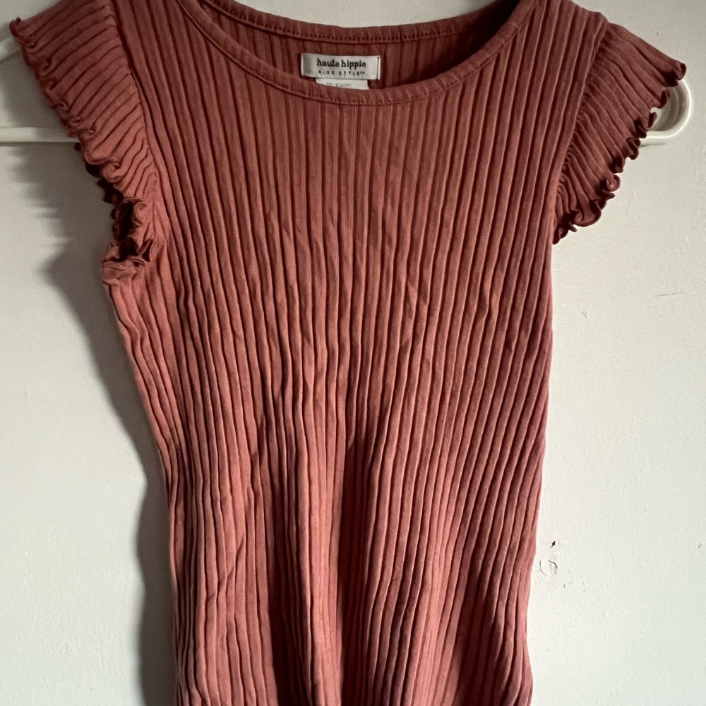 Haute Hippie Rust Ribbed Ruffle Sleeve Tank Top